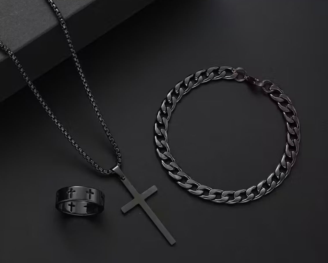 1002 - 3 Piece Mens Black Jewelry Set