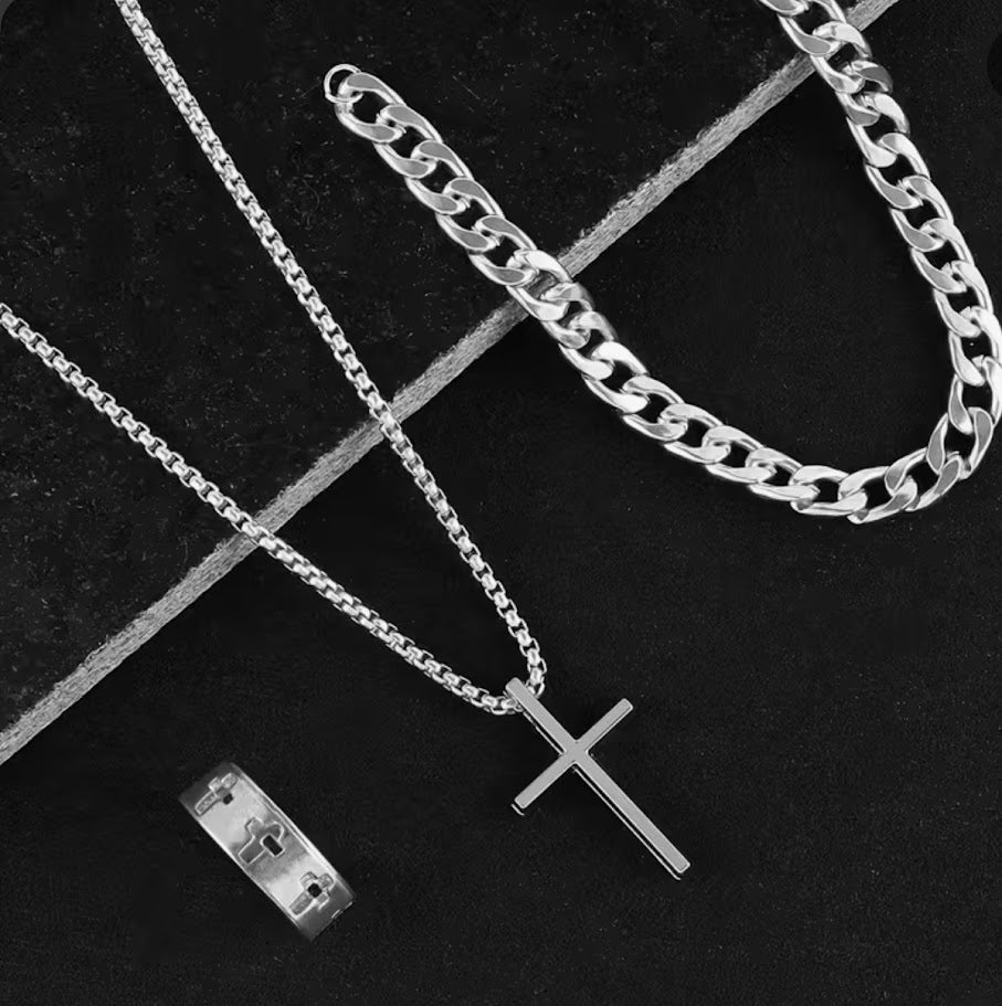 1002 - 3 Piece Mens Silver Jewelry Set